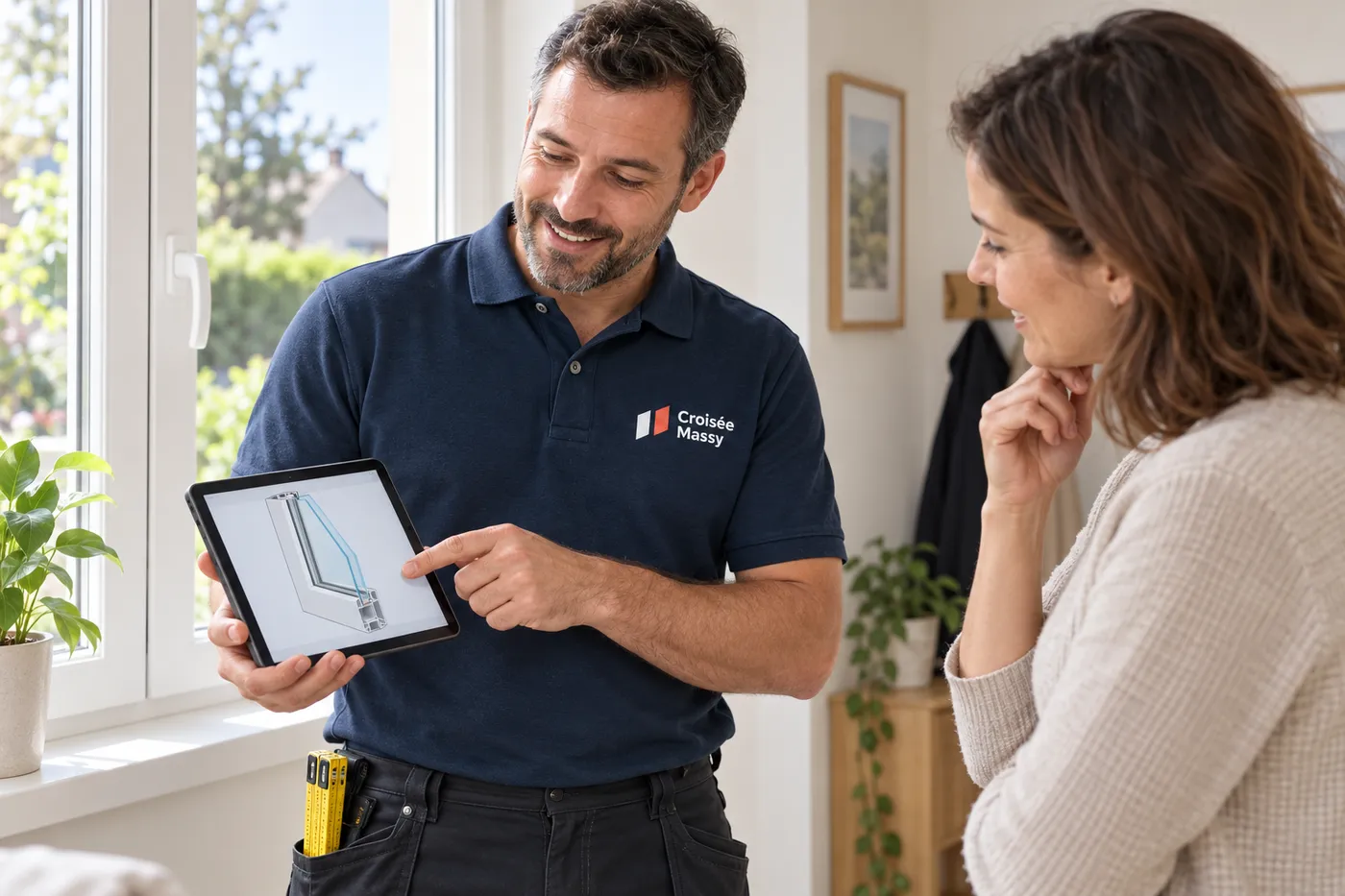 Vitrier Croisée Massy expliquant une coupe de double vitrage sur tablette à une cliente